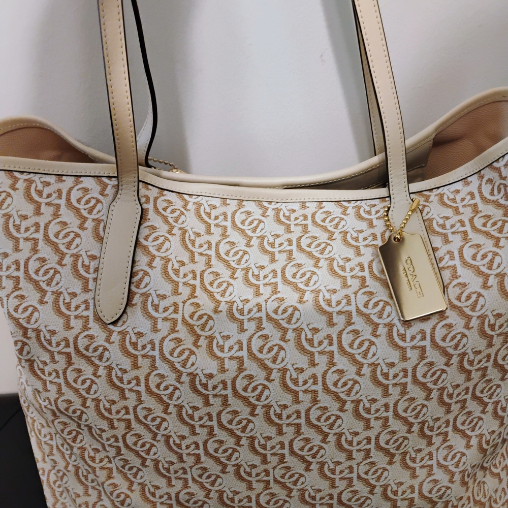 Designer Beige and White Tote Bag EUC